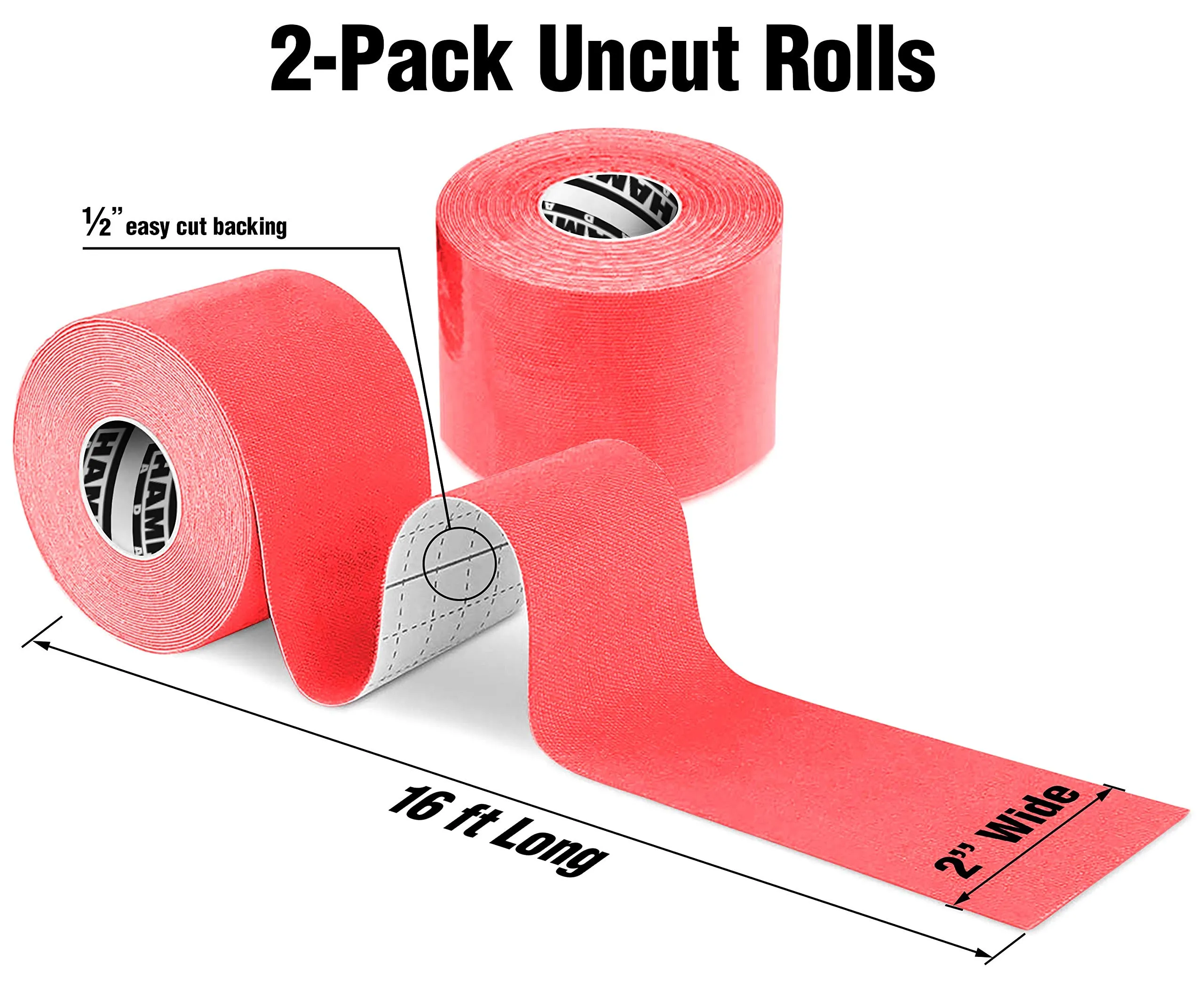 (2 Pack) Kinesiology Tape for Physical Therapy Sports Athletes – Latex Free Elastic, 16ft Water Resistant Kinetic Uncut Kinesiology Tape for Knee Pain, Elbow & Shoulder Muscle - Red 2 Count (Pack of 1)