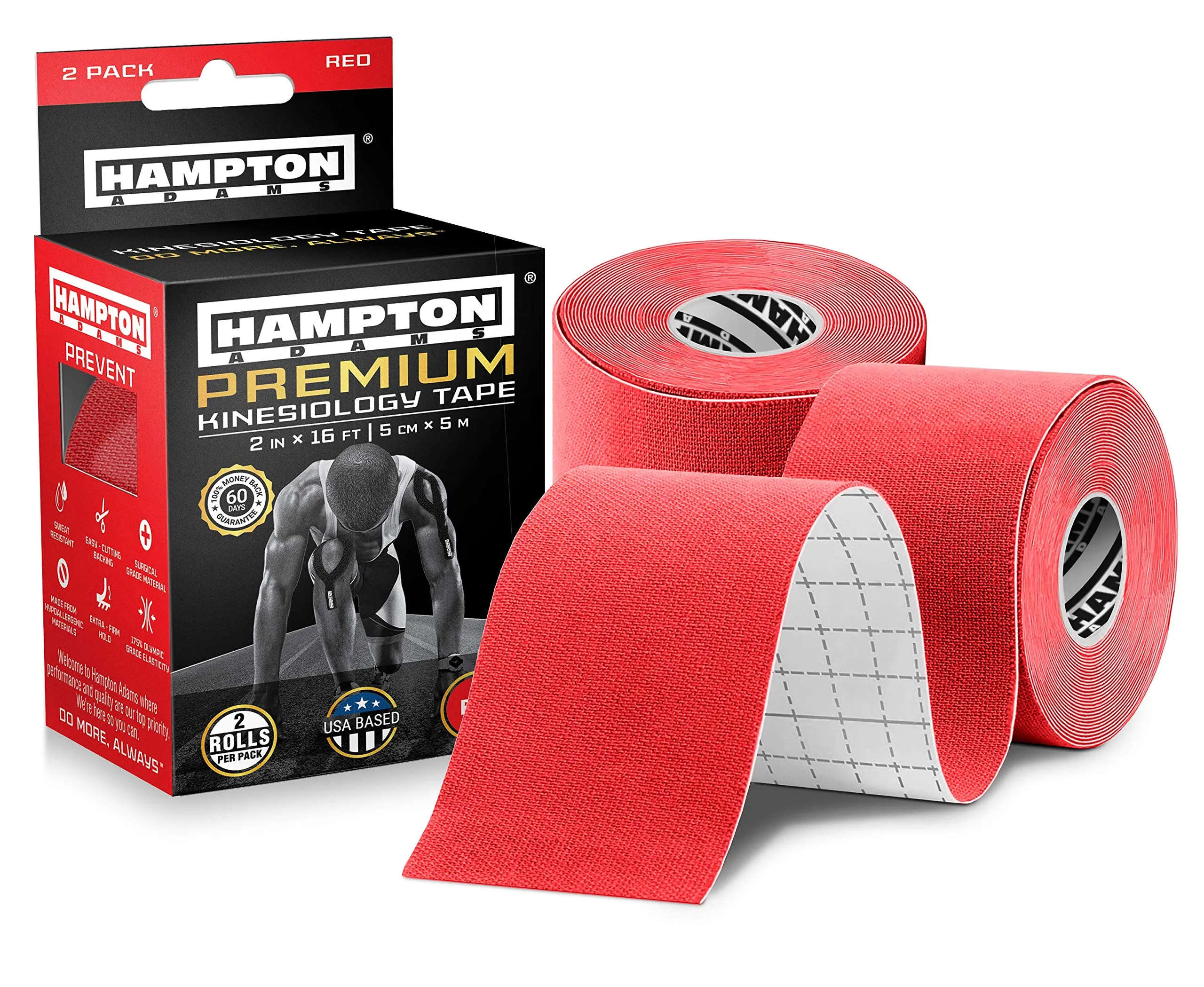 (2 Pack) Kinesiology Tape for Physical Therapy Sports Athletes – Latex Free Elastic, 16ft Water Resistant Kinetic Uncut Kinesiology Tape for Knee Pain, Elbow & Shoulder Muscle - Red 2 Count (Pack of 1)