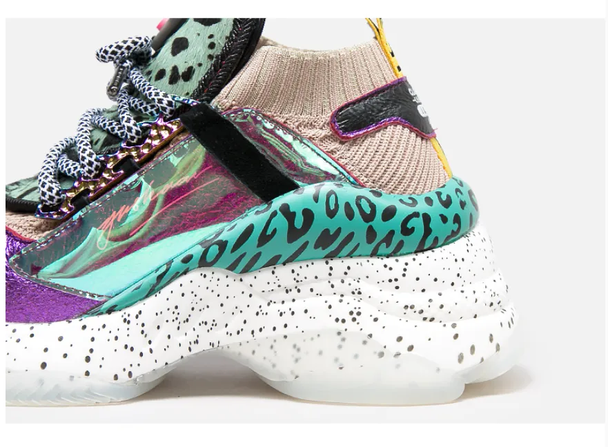BELLALILY COLOR BLOCK LEOPARD PRINT CHUNKY TRAINERS