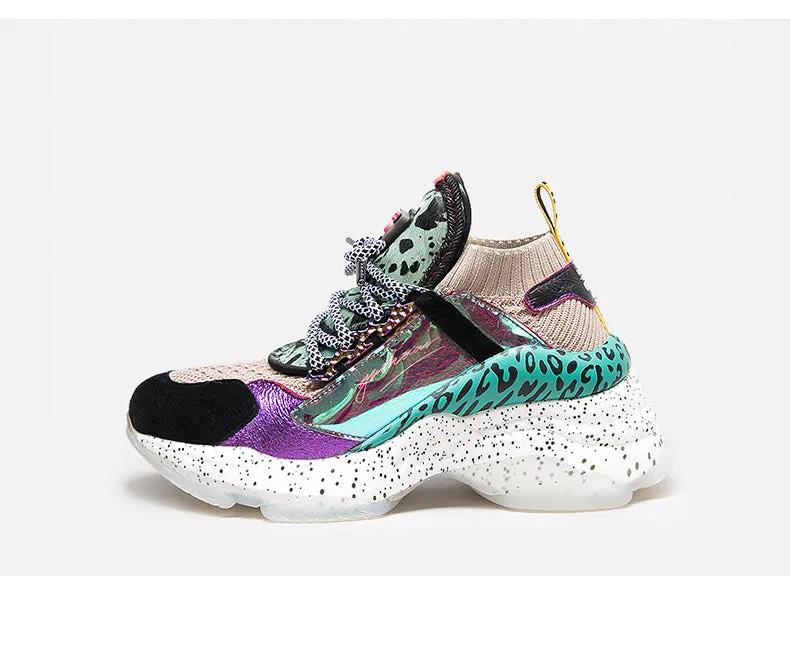 BELLALILY COLOR BLOCK LEOPARD PRINT CHUNKY TRAINERS