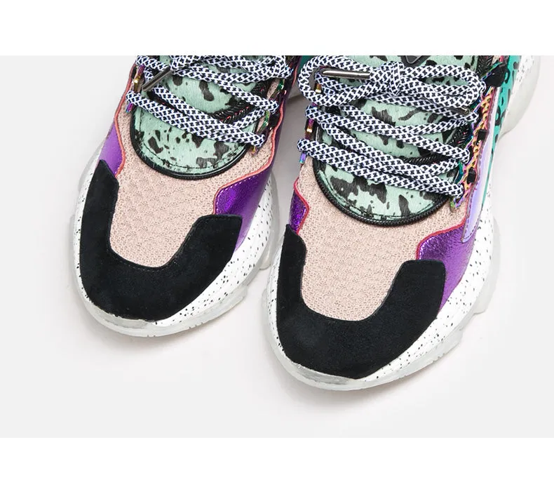 BELLALILY COLOR BLOCK LEOPARD PRINT CHUNKY TRAINERS
