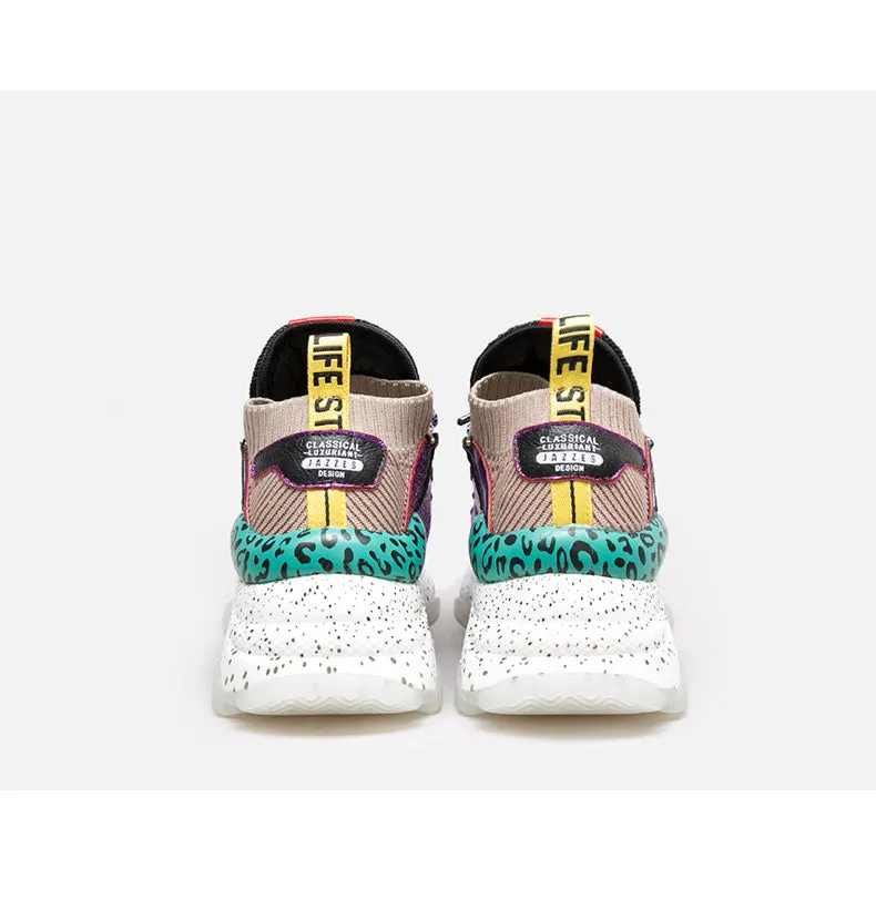BELLALILY COLOR BLOCK LEOPARD PRINT CHUNKY TRAINERS