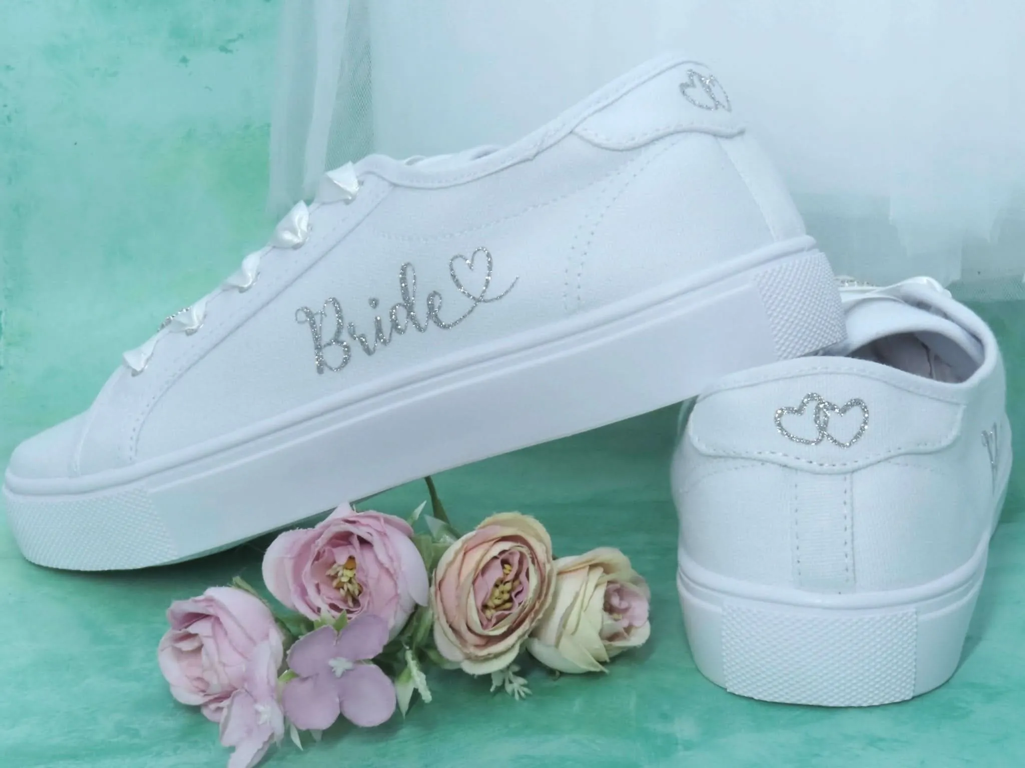 Customisable Bride Script & Heart Detail Wedding Bridal Trainers. Standard & Wide Fit.