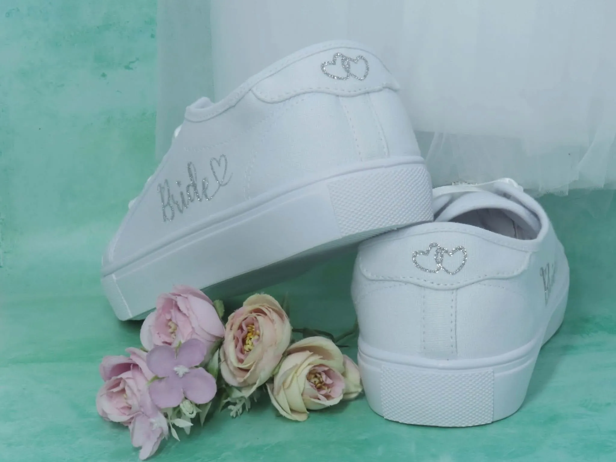Customisable Bride Script & Heart Detail Wedding Bridal Trainers. Standard & Wide Fit.