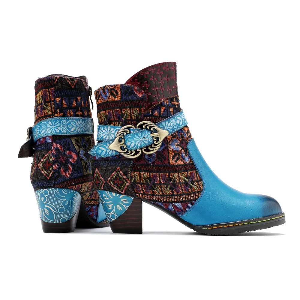 Fashion Casual Leather Hand Jacquard Women's Boots