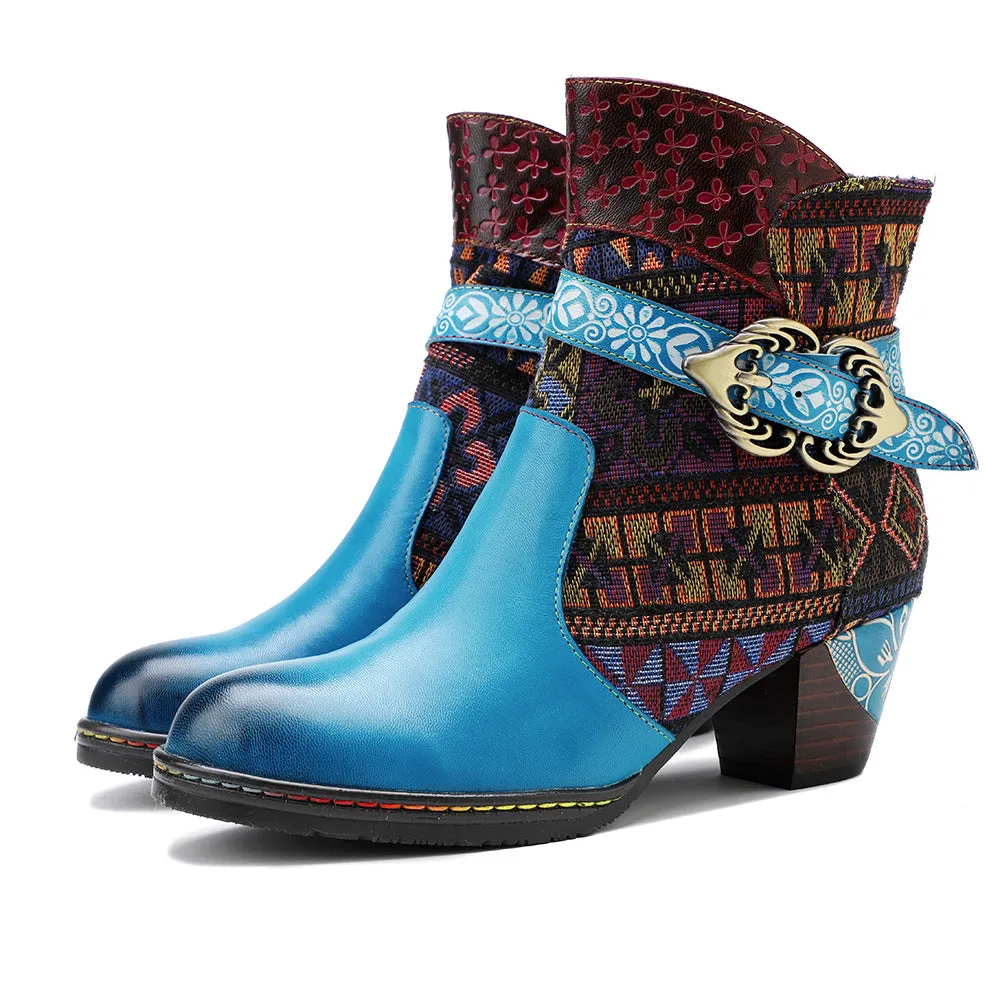 Fashion Casual Leather Hand Jacquard Women's Boots