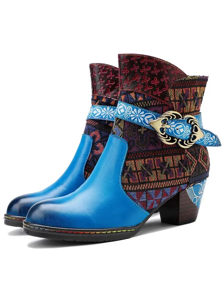 Genuine Leather Handmade Jacquard Ankle Boots