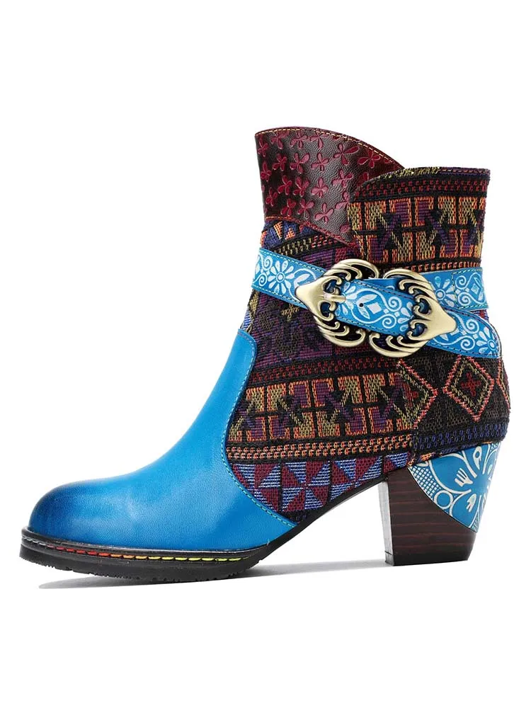 Genuine Leather Handmade Jacquard Ankle Boots