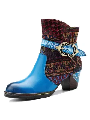 Genuine Leather Handmade Jacquard Ankle Boots