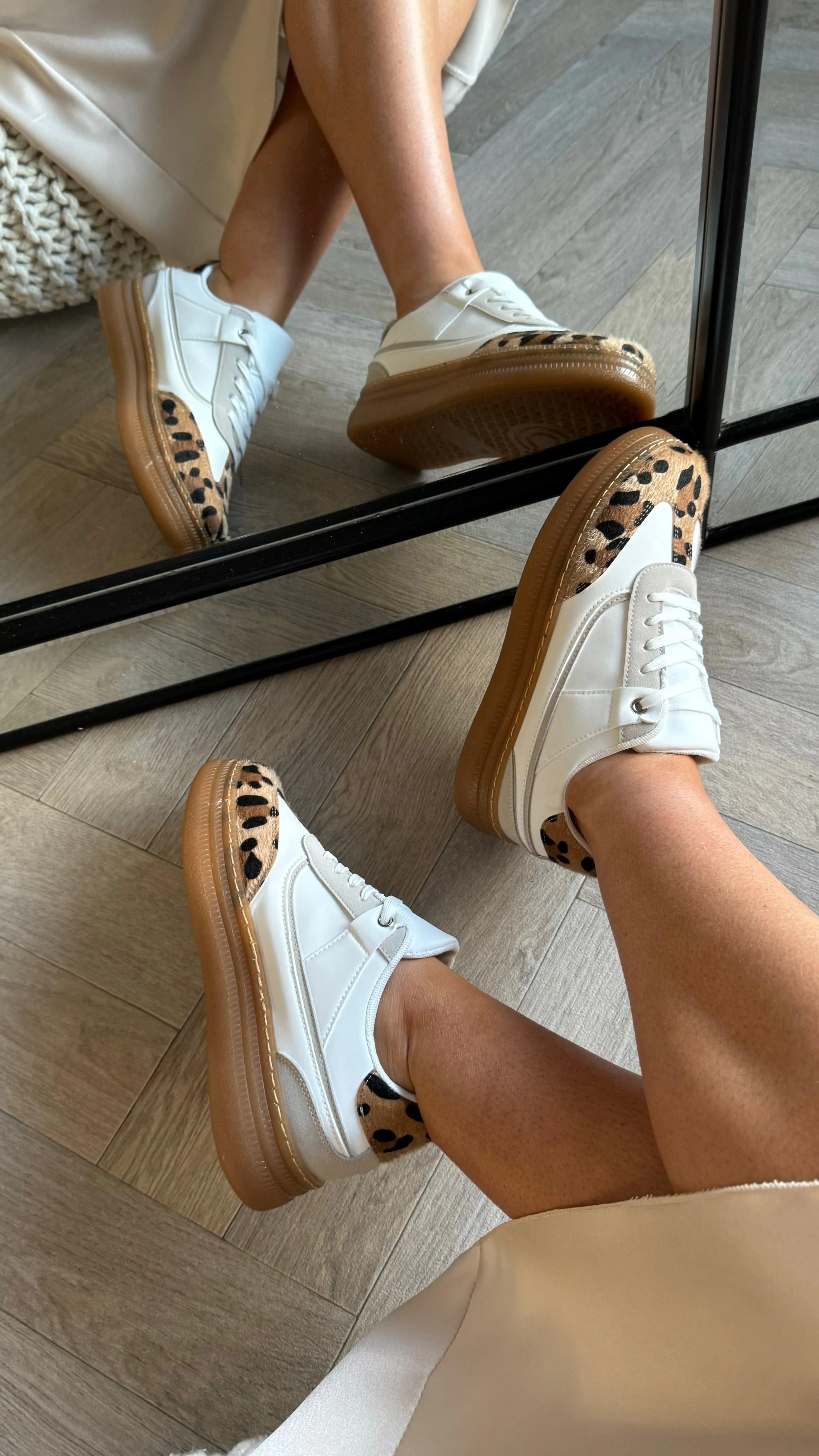 Jessie White Leopard Trimmed Trainers