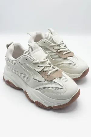 Nyla Chunky Sole Lace-Up Mesh Panel Trainers in Beige