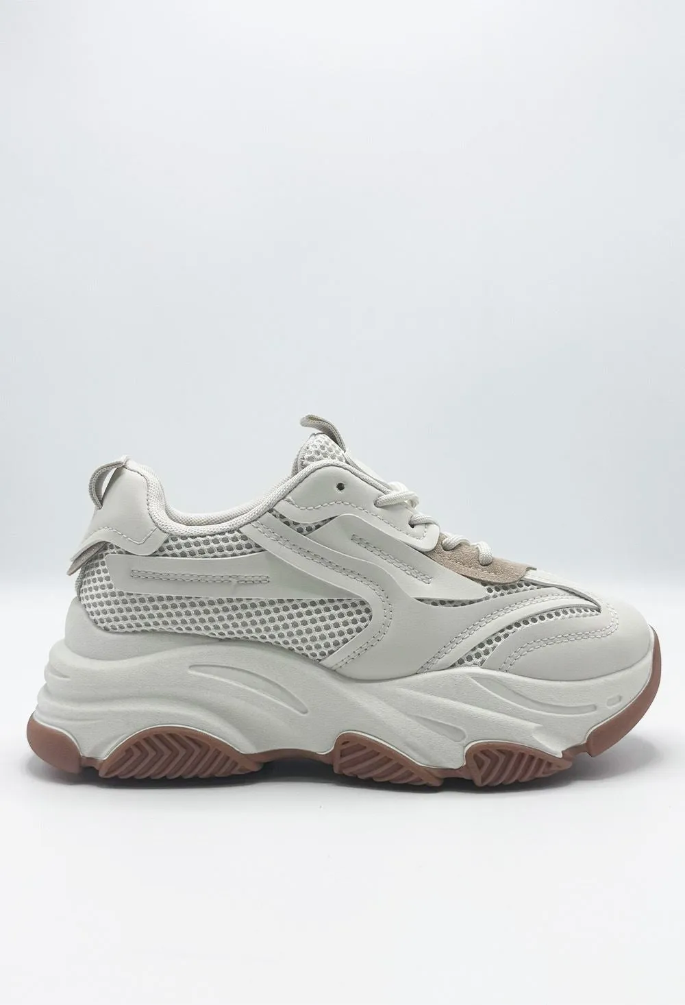 Nyla Chunky Sole Lace-Up Mesh Panel Trainers in Beige