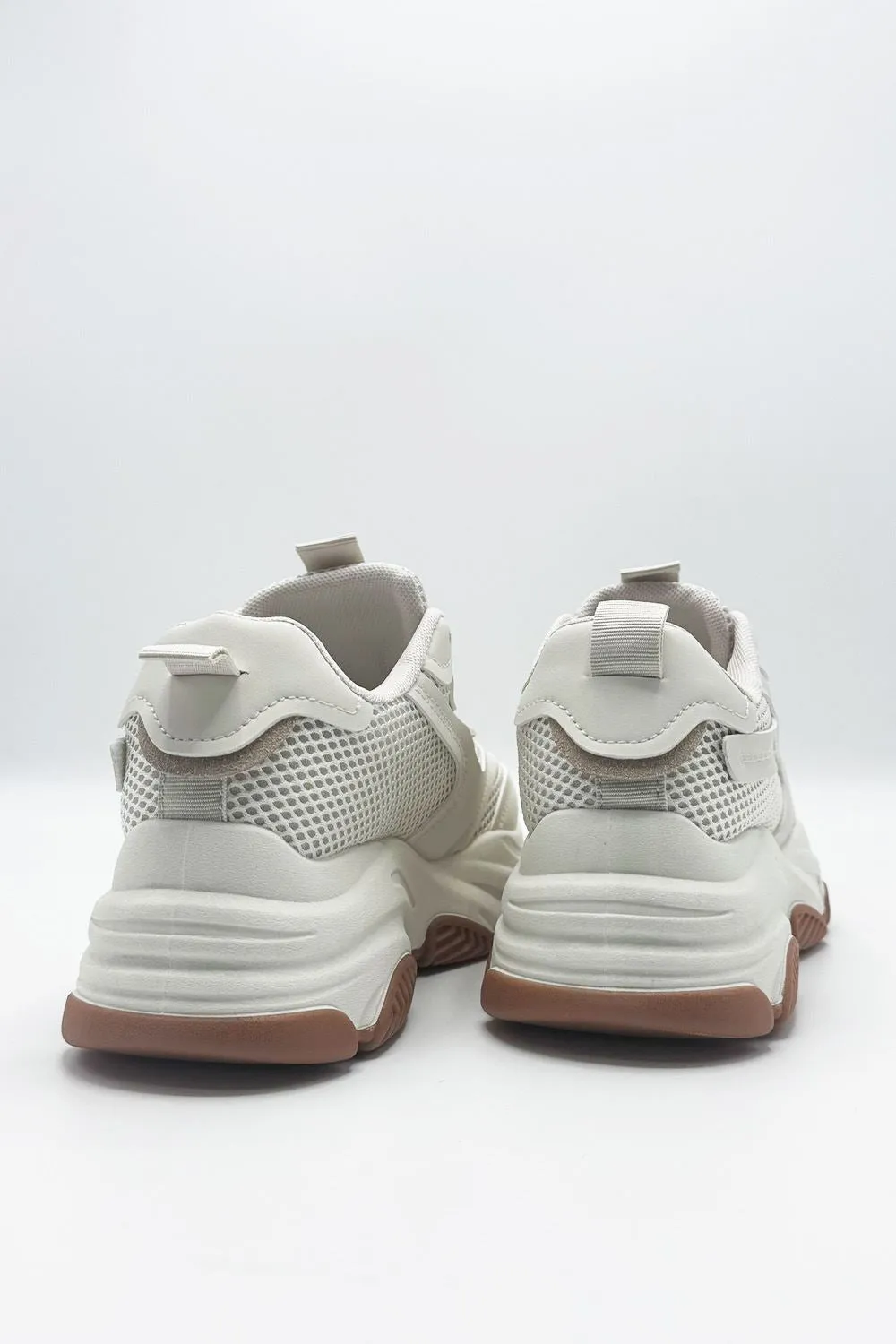 Nyla Chunky Sole Lace-Up Mesh Panel Trainers in Beige