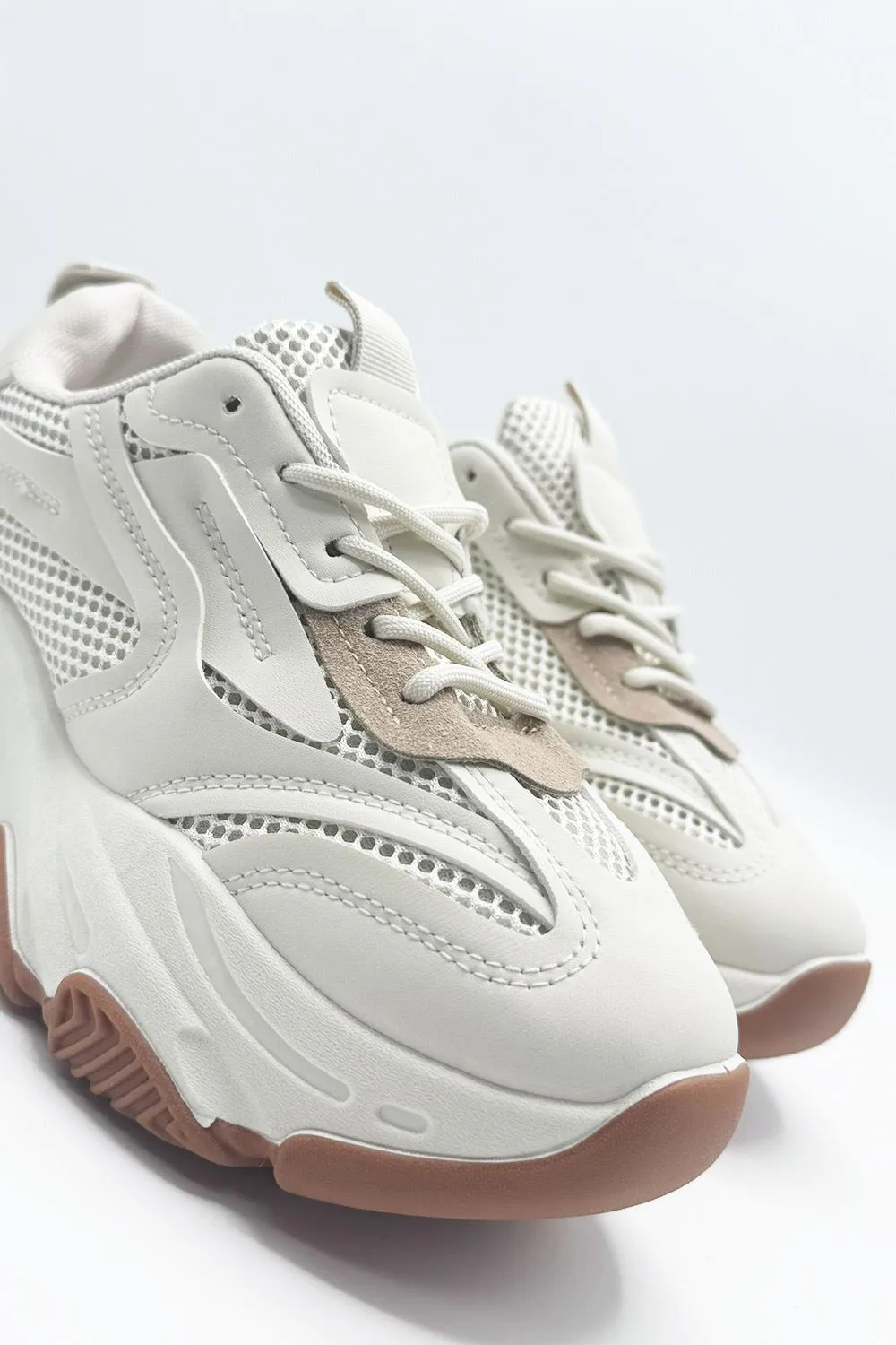 Nyla Chunky Sole Lace-Up Mesh Panel Trainers in Beige