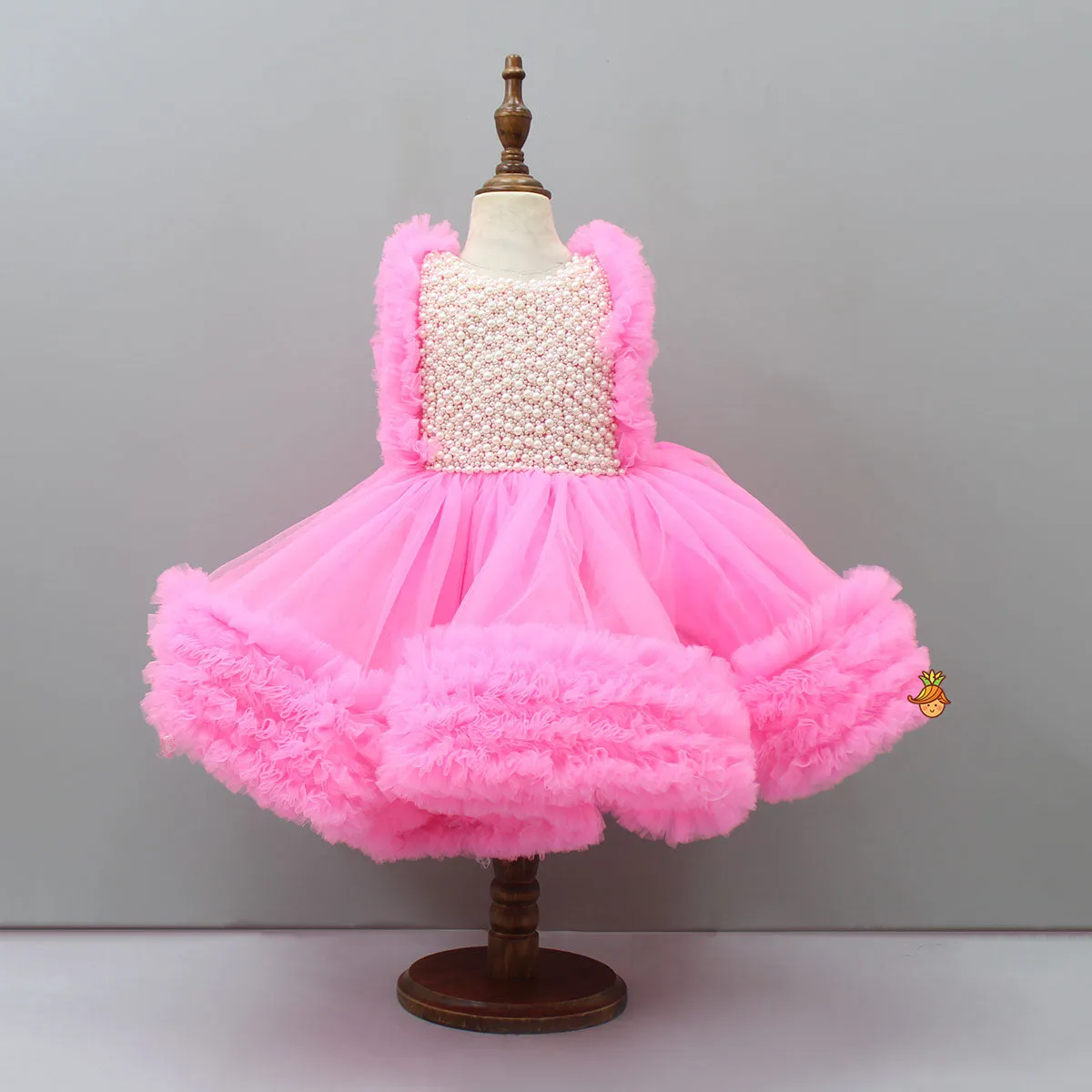 Pre Order: Glamorous Pink Frilled Dress With Detachable Trail And Head Band