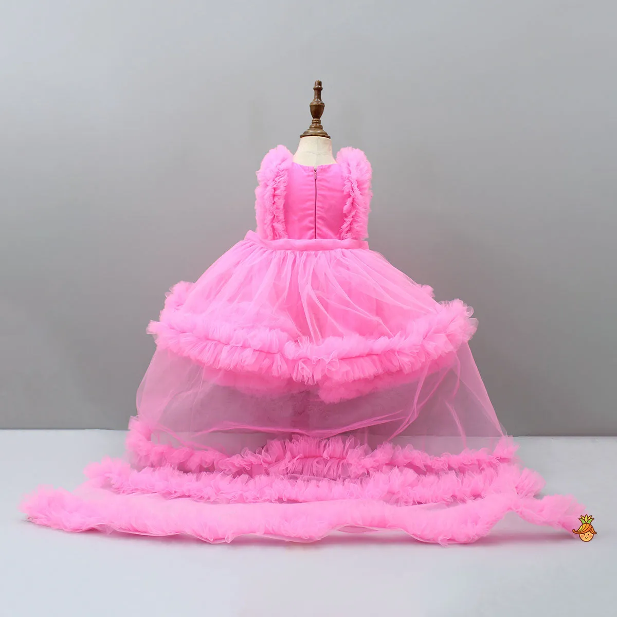 Pre Order: Glamorous Pink Frilled Dress With Detachable Trail And Head Band