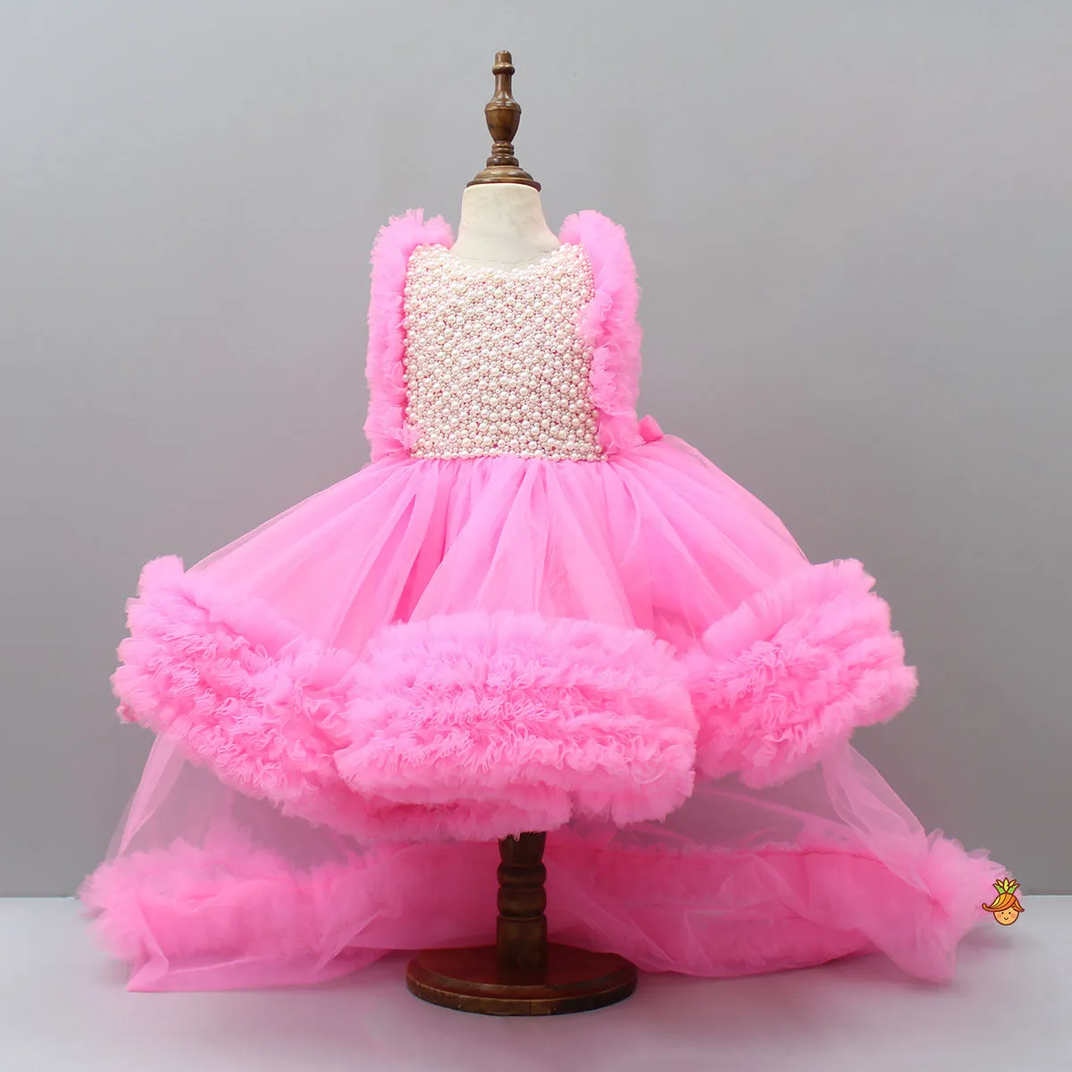 Pre Order: Glamorous Pink Frilled Dress With Detachable Trail And Head Band
