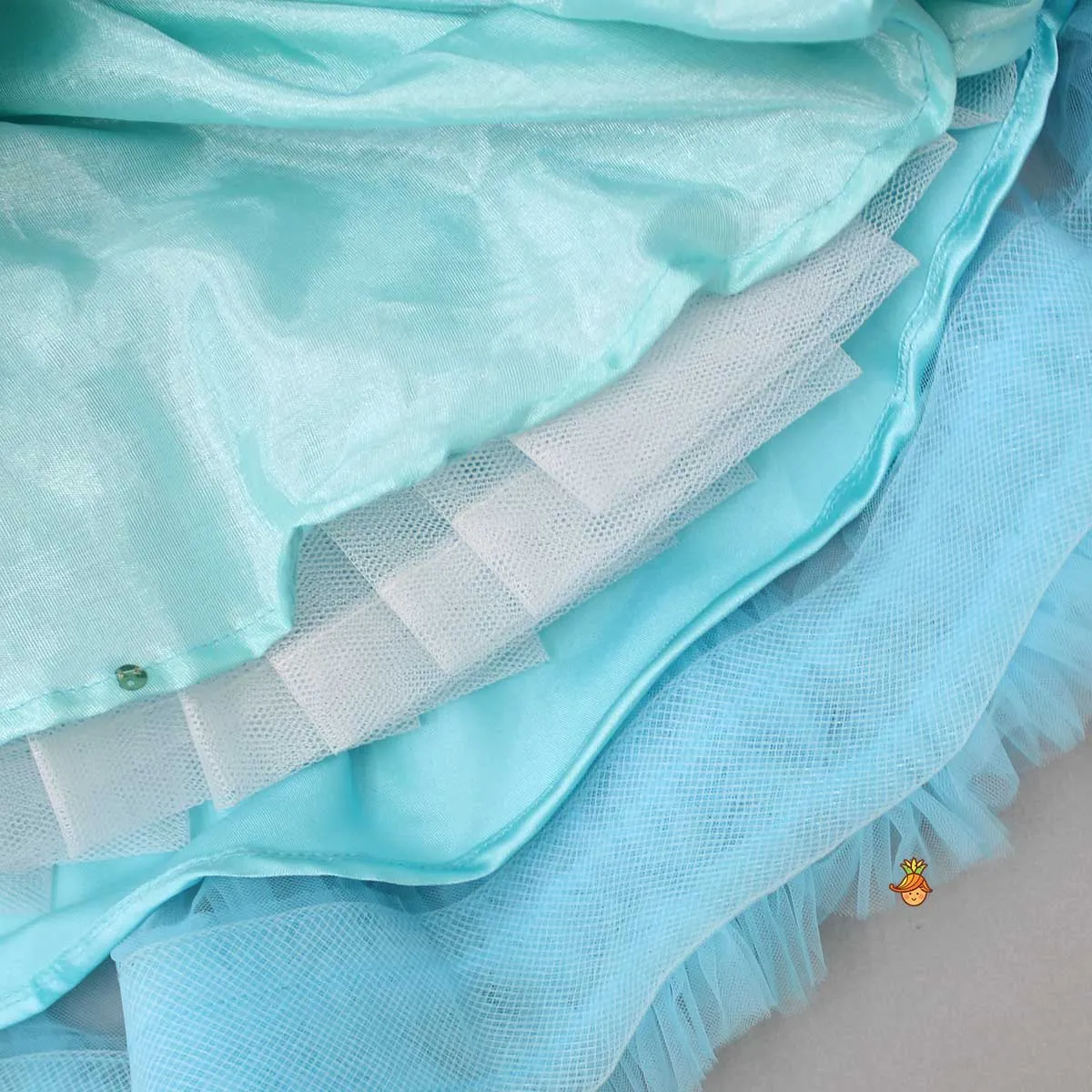 Pre Order: Pleated Yoke Blue Dress With Detachable Trail And Matching Headband