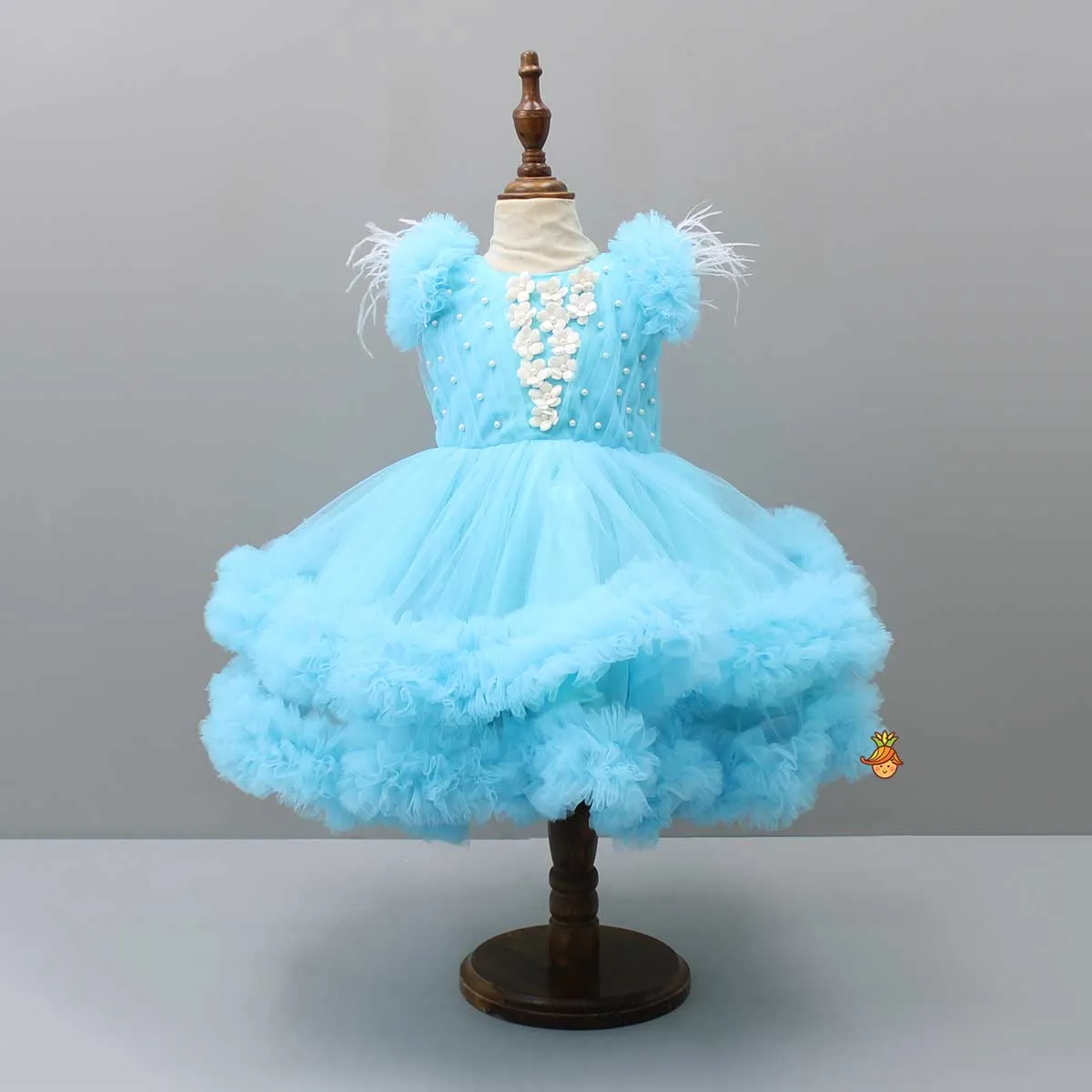 Pre Order: Pleated Yoke Blue Dress With Detachable Trail And Matching Headband