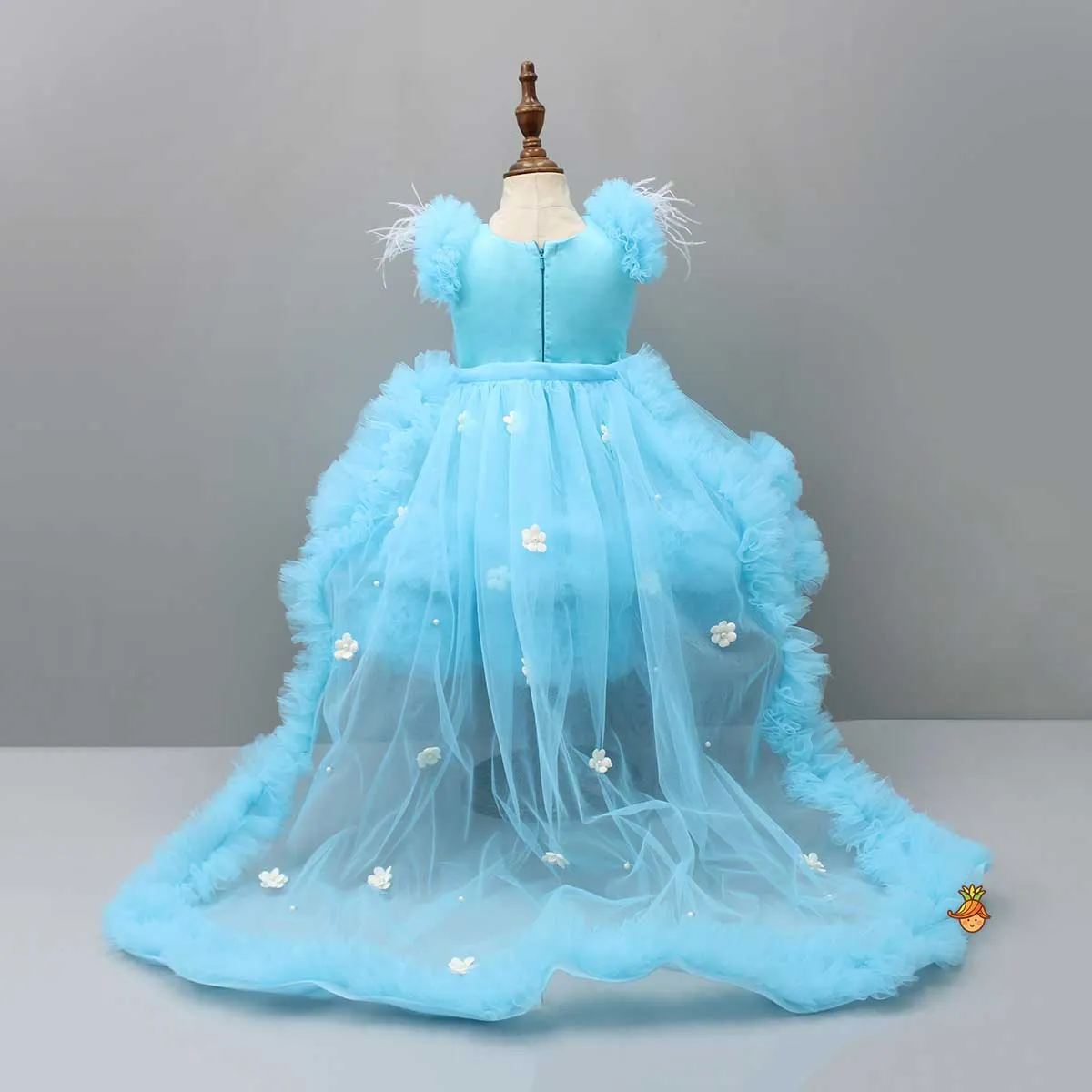 Pre Order: Pleated Yoke Blue Dress With Detachable Trail And Matching Headband