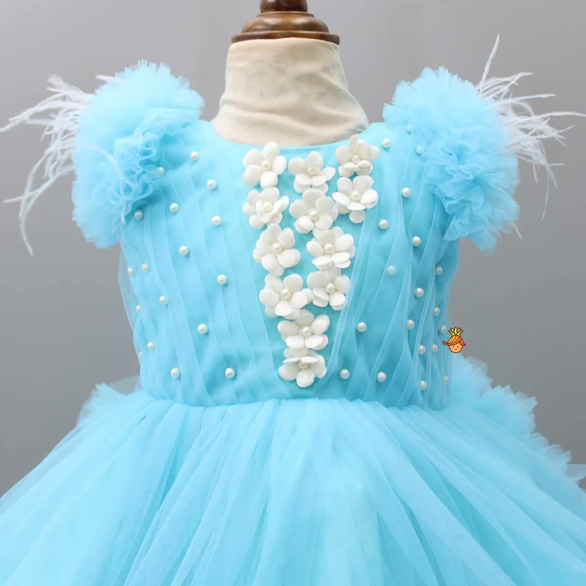 Pre Order: Pleated Yoke Blue Dress With Detachable Trail And Matching Headband