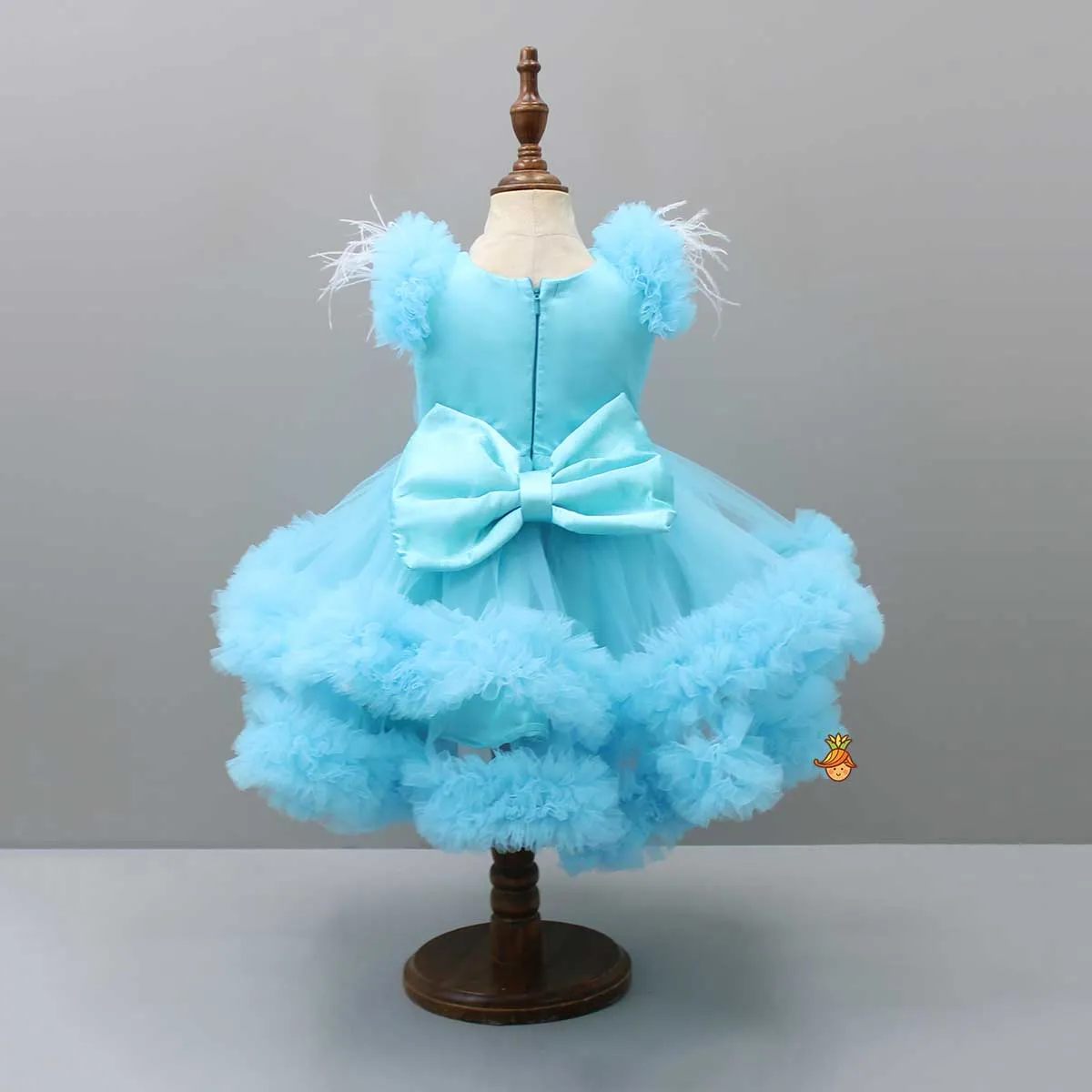 Pre Order: Pleated Yoke Blue Dress With Detachable Trail And Matching Headband