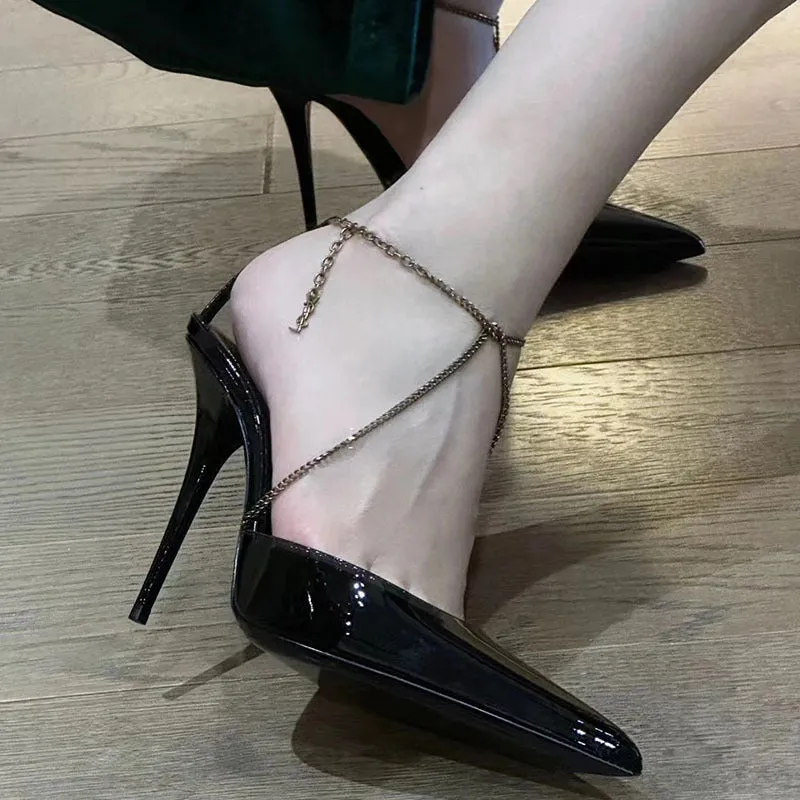 Seductive Black Pointed toe French Lace Up Heels Shoes