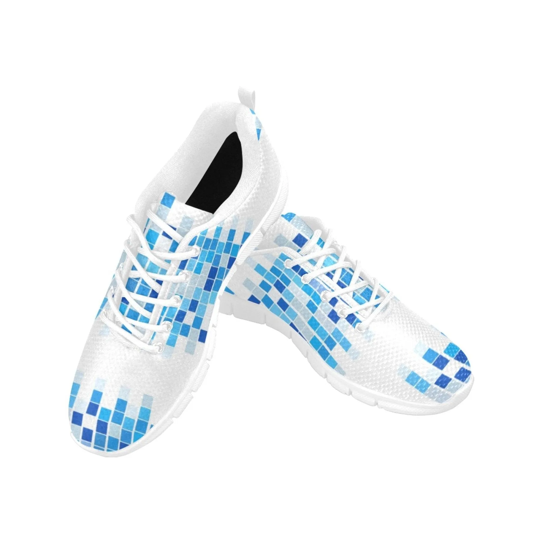 Womens Sneakers, Blue And White Mosaic Print Running Shoes by inQue.Style