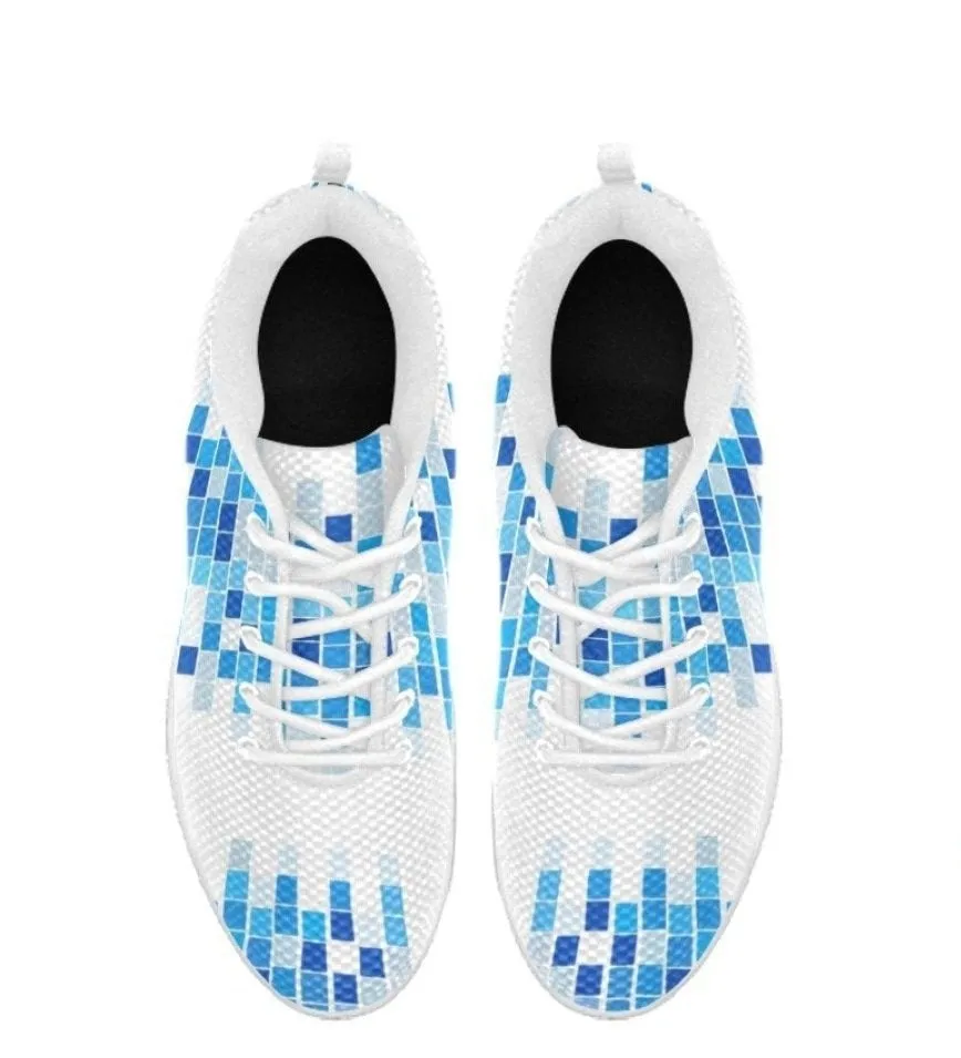 Womens Sneakers, Blue And White Mosaic Print Running Shoes by inQue.Style